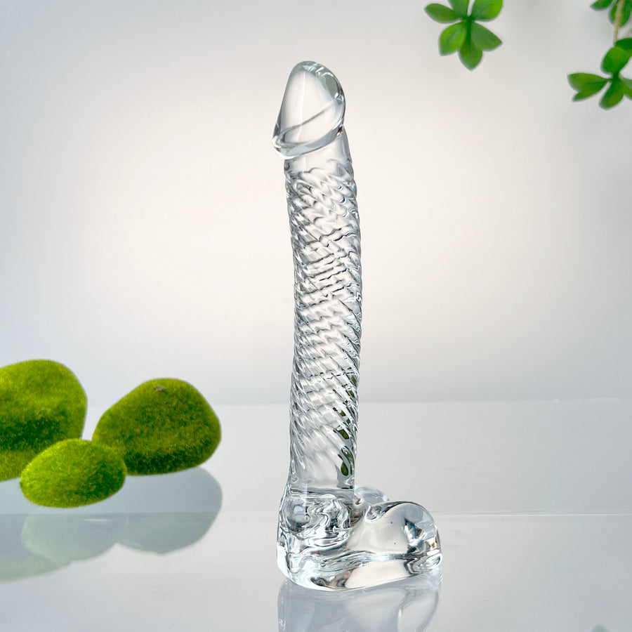 Hand Blown Textured Cear Glass Realistic Anal G-Spot Dildo with Balls Massager Sex Toys for Women Couples