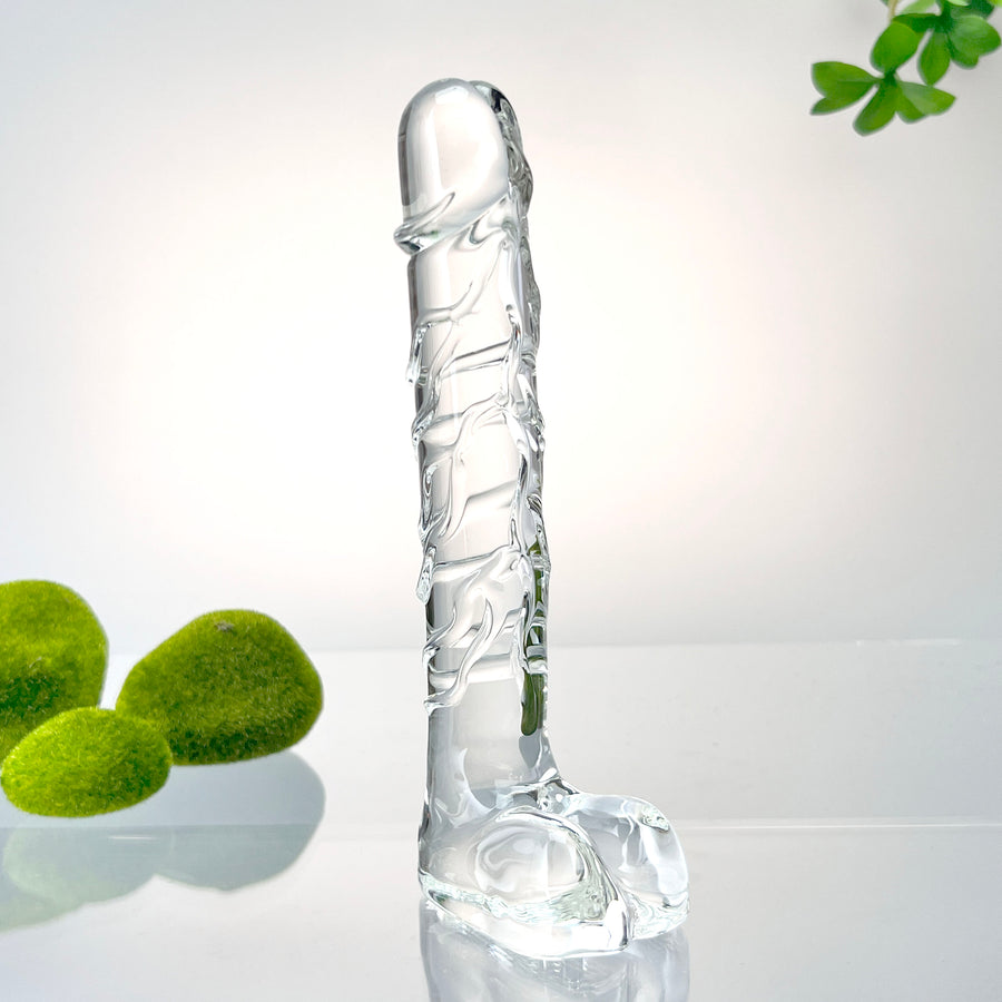 Hand Blown Textured Clear Glass Realistic P-spot Anal G-Spot Dildo Dong Cock with Balls Massager Sex Toys for Women Couples