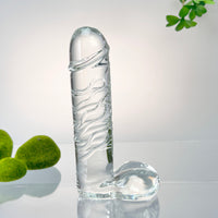 Hand Blown Textured Clear Glass Extra Large Realistic Anal G-Spot Dildo Dong Cock with Balls Massager Sex Toys for Women Couples