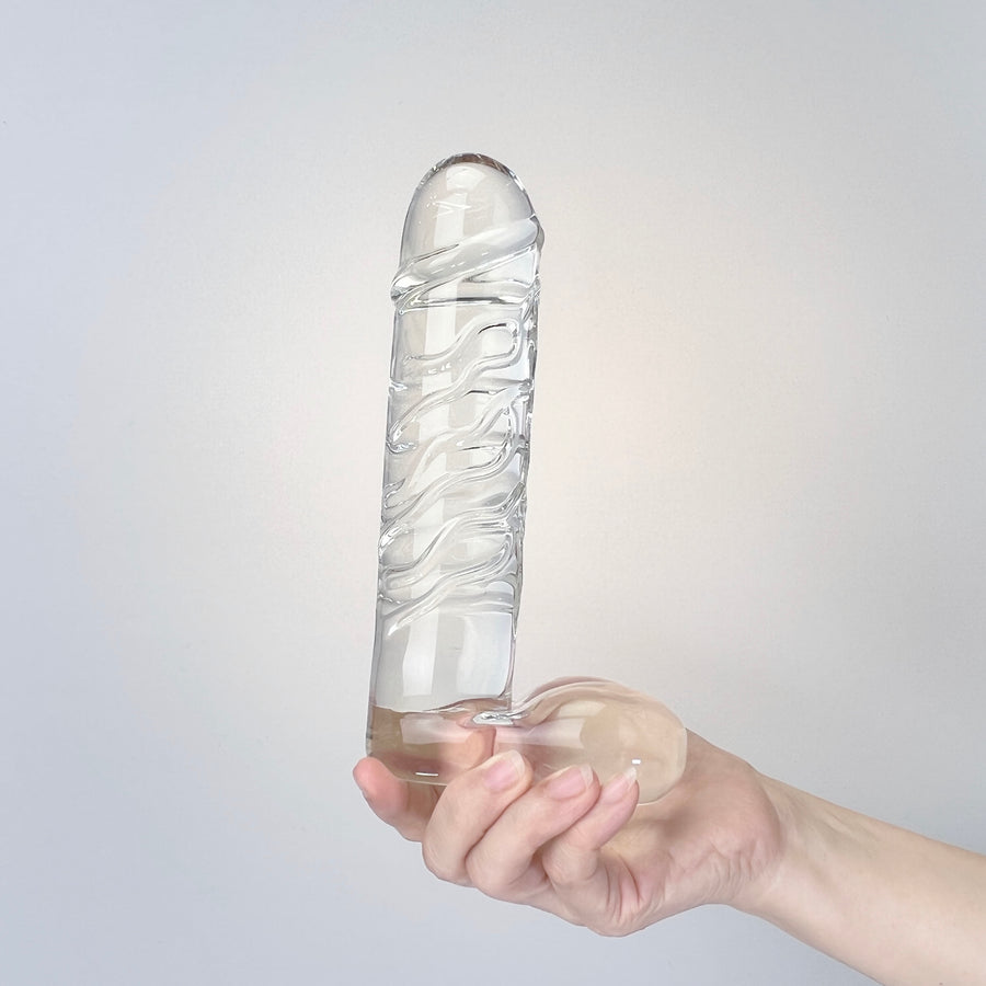 Hand Blown Textured Clear Glass Extra Large Realistic Anal G-Spot Dildo Dong Cock with Balls Massager Sex Toys for Women Couples