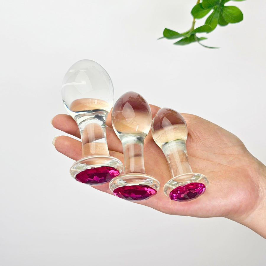 Pink Gem Glass Anal Plug Set Anal Training Butt Plugs Anal Stretcher Stretching Sex Toys